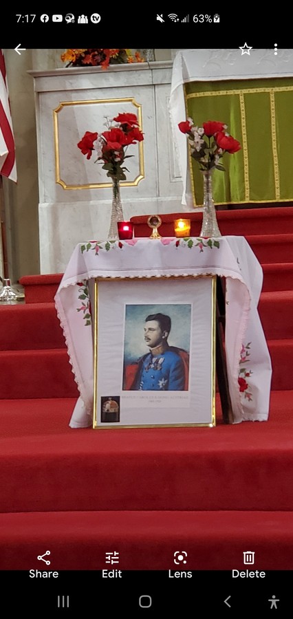 Portrait of Blessed Karl displayed at the altar of St. Mary of Victories